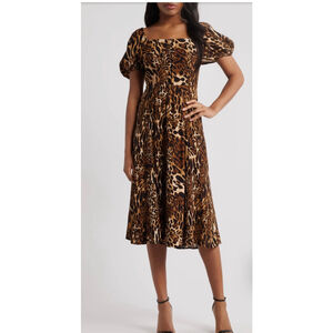 WAYF Leopard Print Puff Sleeve Midi Dress – Size Medium